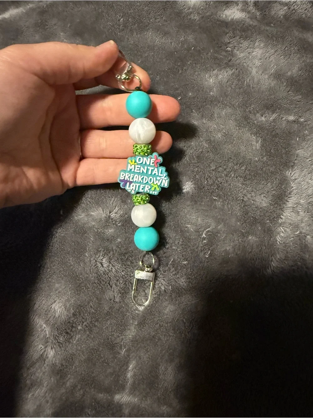 Teal and White Beaded Phone Charm Strap - One Mental Breakdown Later